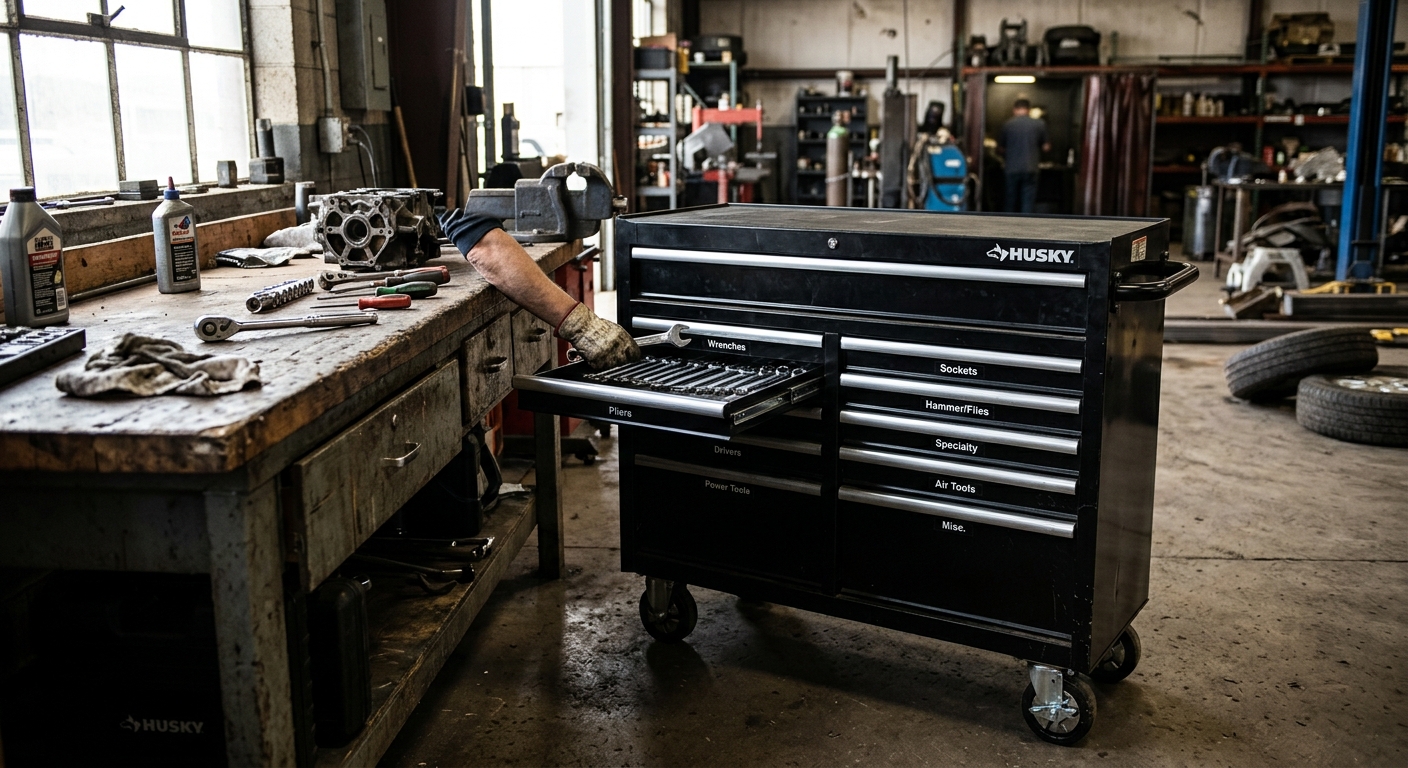 Husky 52-Inch 9-Drawer Rolling Cabinet  –  Best Value Rolling Cabinet