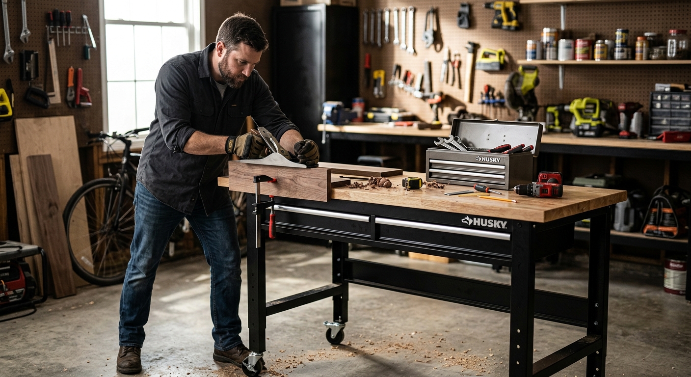 Husky 46-Inch Adjustable-Height Workbench  –  Best Garage Workbench